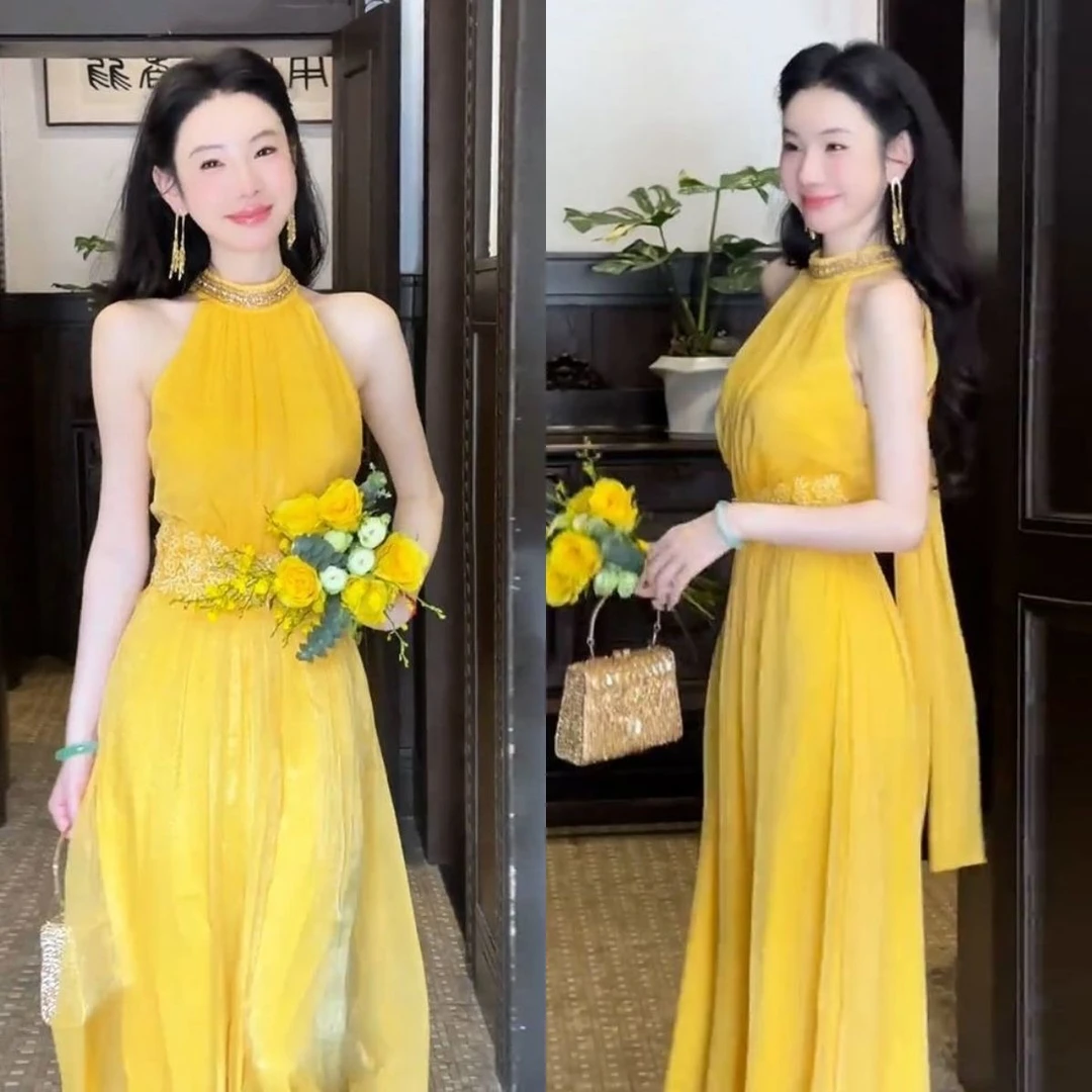 千语栀【花影阑珊】日落有思钉珠雪纺连衣裙海边度假风黄色连衣裙子