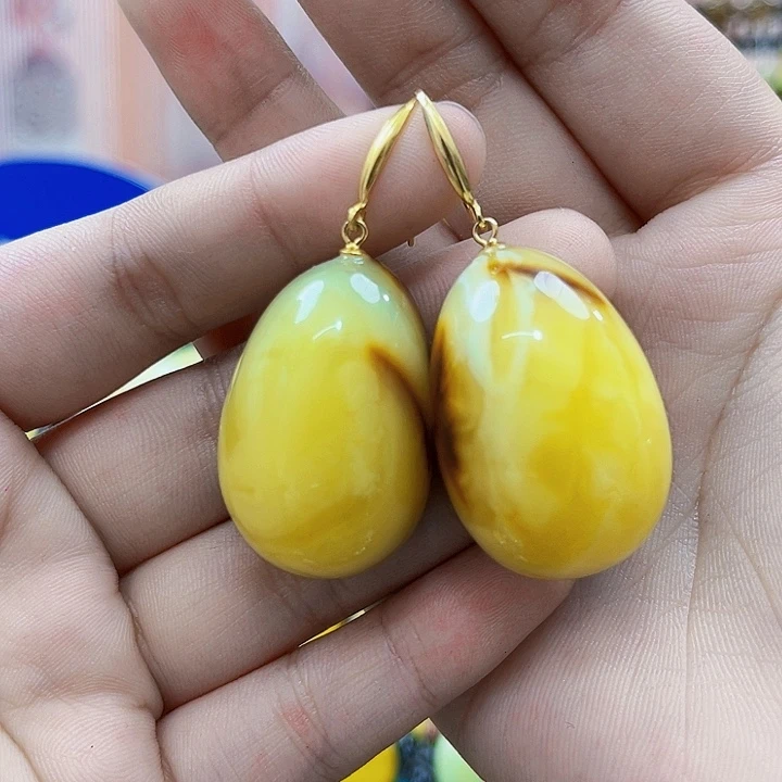 蜜蜡银S925镶嵌裸石耳环