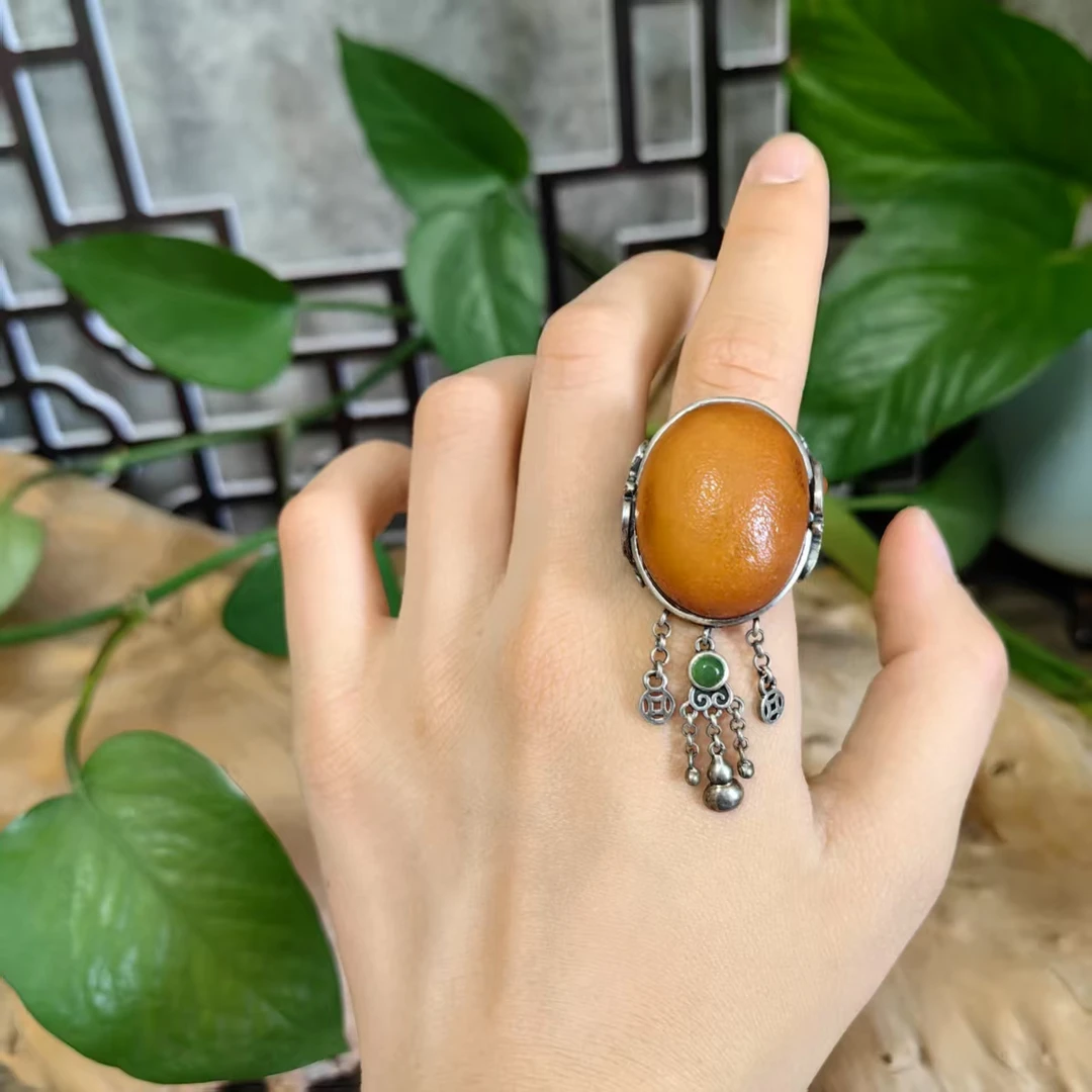 LYliuyng精工品质高货老蜜蜡原皮戒指纯手工银镶天然蜜蜡原石戒指