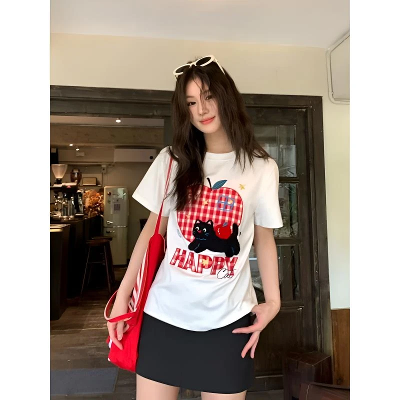 短款卡通图案刺绣毛巾绣短袖辣妹风T恤白色小众设计感时尚美式