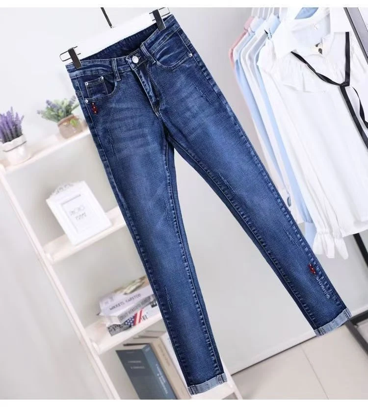 高腰牛仔裤女新款图案弹力小脚铅笔裤紧身裤女刺绣九分裤时尚女裤