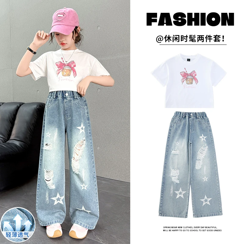 女童夏季短袖破洞牛仔裤套装2025新款韩版休闲洋气时髦阔腿裤夏装
