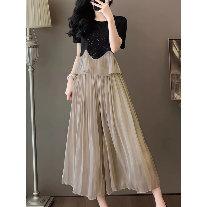 大码女装韩系时尚休闲运动套装女夏季新款高级感气质阔腿裤两件套