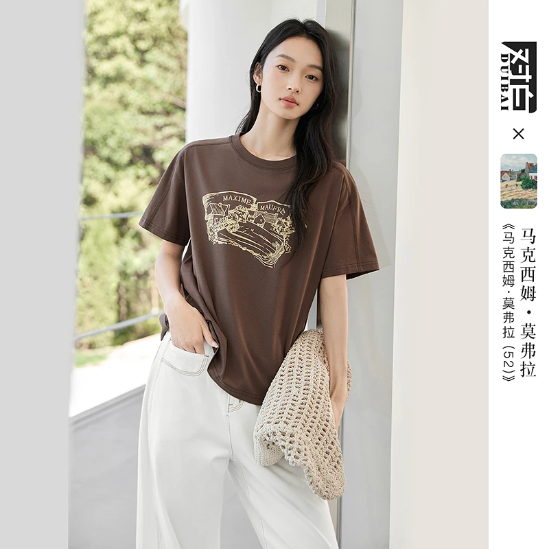 对白艺术画作联名美式复古印花短袖T恤女2025夏新款独特宽松上衣