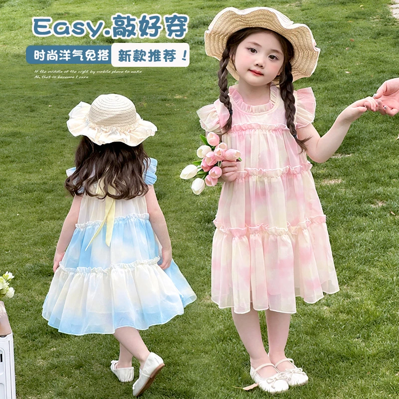 女荷叶裙碎花夏季蝴蝶渐变连衣裙裙子女孩童装宝宝韩版泡泡袖