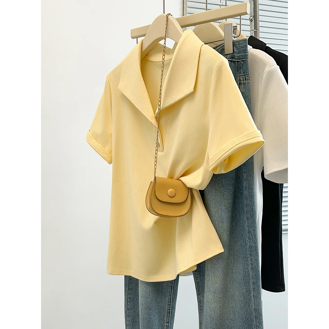 大码女装时尚简约翻领正肩显瘦短袖T恤夏季微胖mm宽松遮肚子上衣