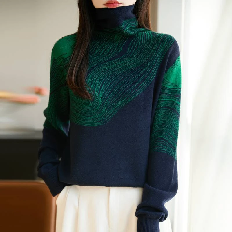 哥弟阿玛施正品新款衣毛时尚线条提花堆堆领女士毛针织衫百搭上衣