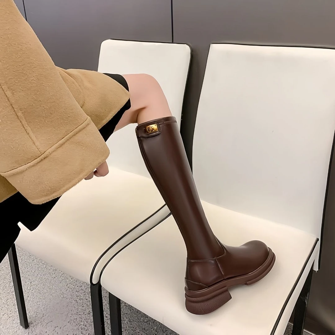 真皮长筒靴女2025新款秋冬加绒显瘦靴子骑行靴厚底高筒长靴骑士靴