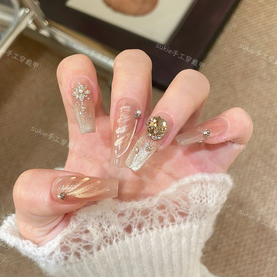【金羽玫瑰】K9锆石钻手工穿戴甲香槟玫瑰猫眼金光疗美甲可拆卸