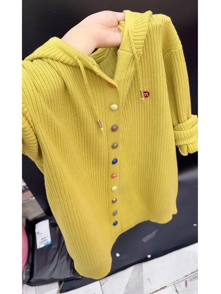 今年流行穿搭彩色扣个性字母连帽针织衫2025秋冬新款洋气显瘦毛衣