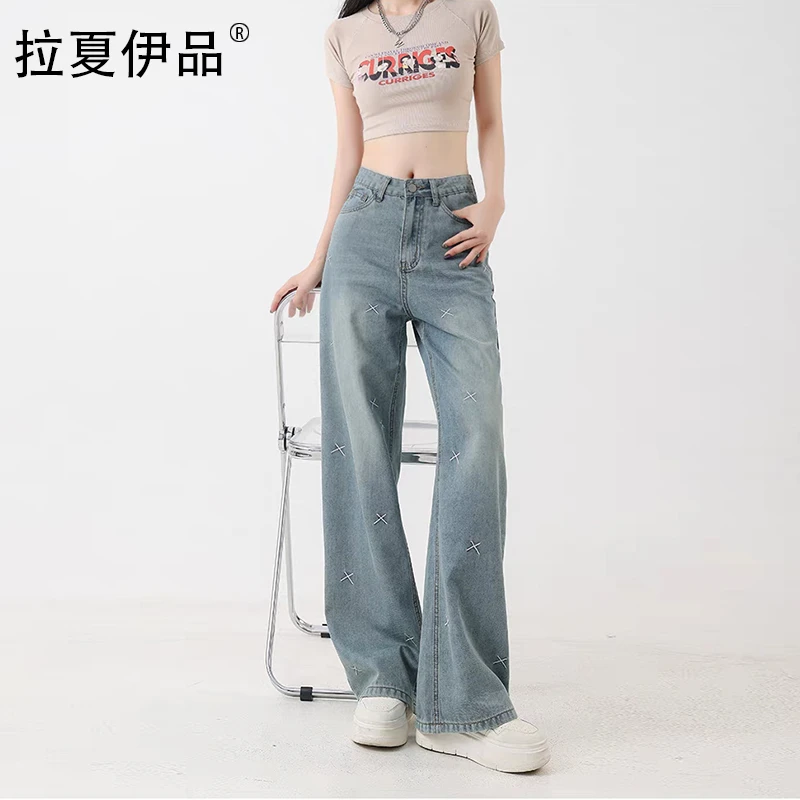 秋季新款大码刺绣牛仔裤女高腰宽松显瘦遮肉阔腿直筒大码女装胖mm