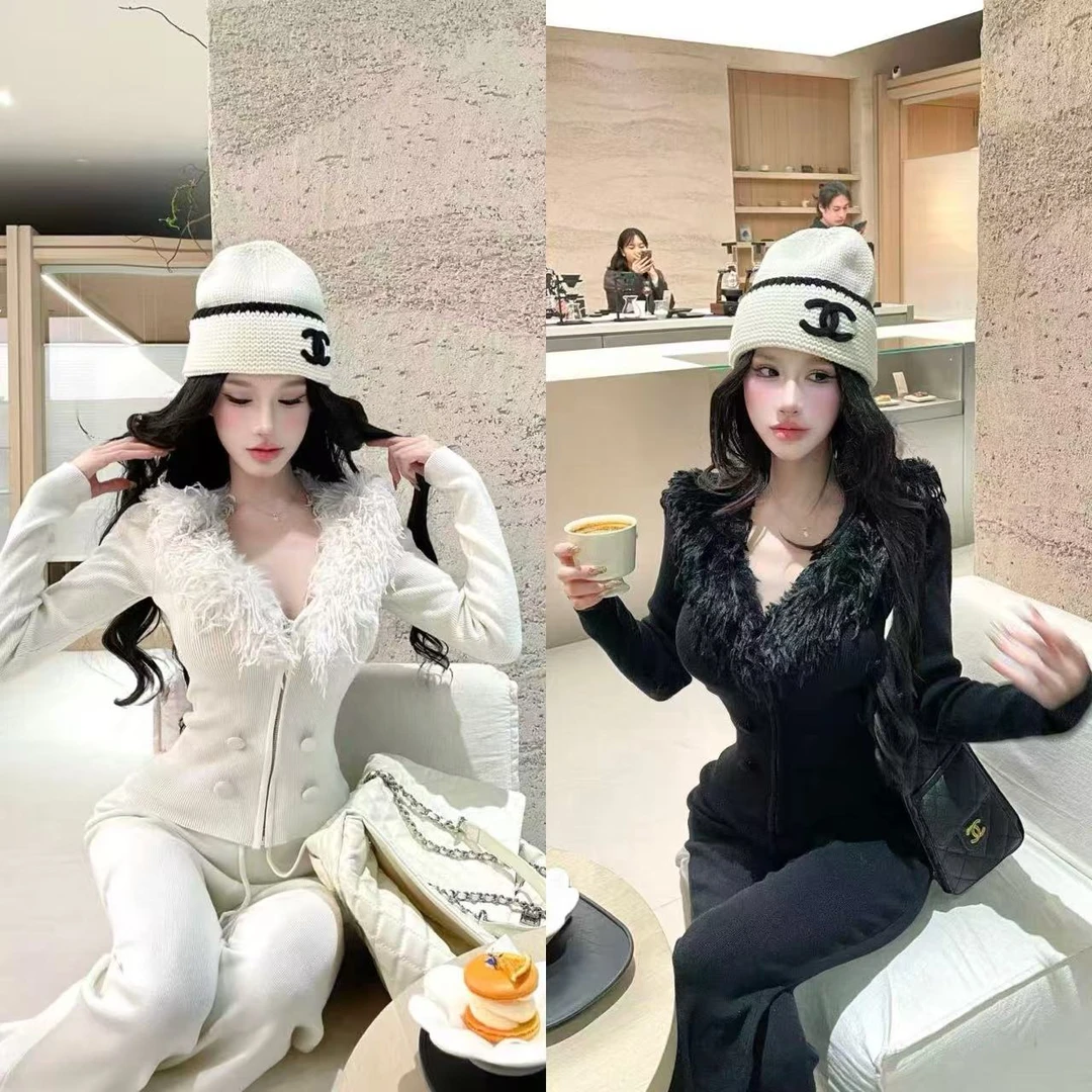 法式气质女神2025冬季设计毛毛V领长袖拉链外套上衣配裤子两件套