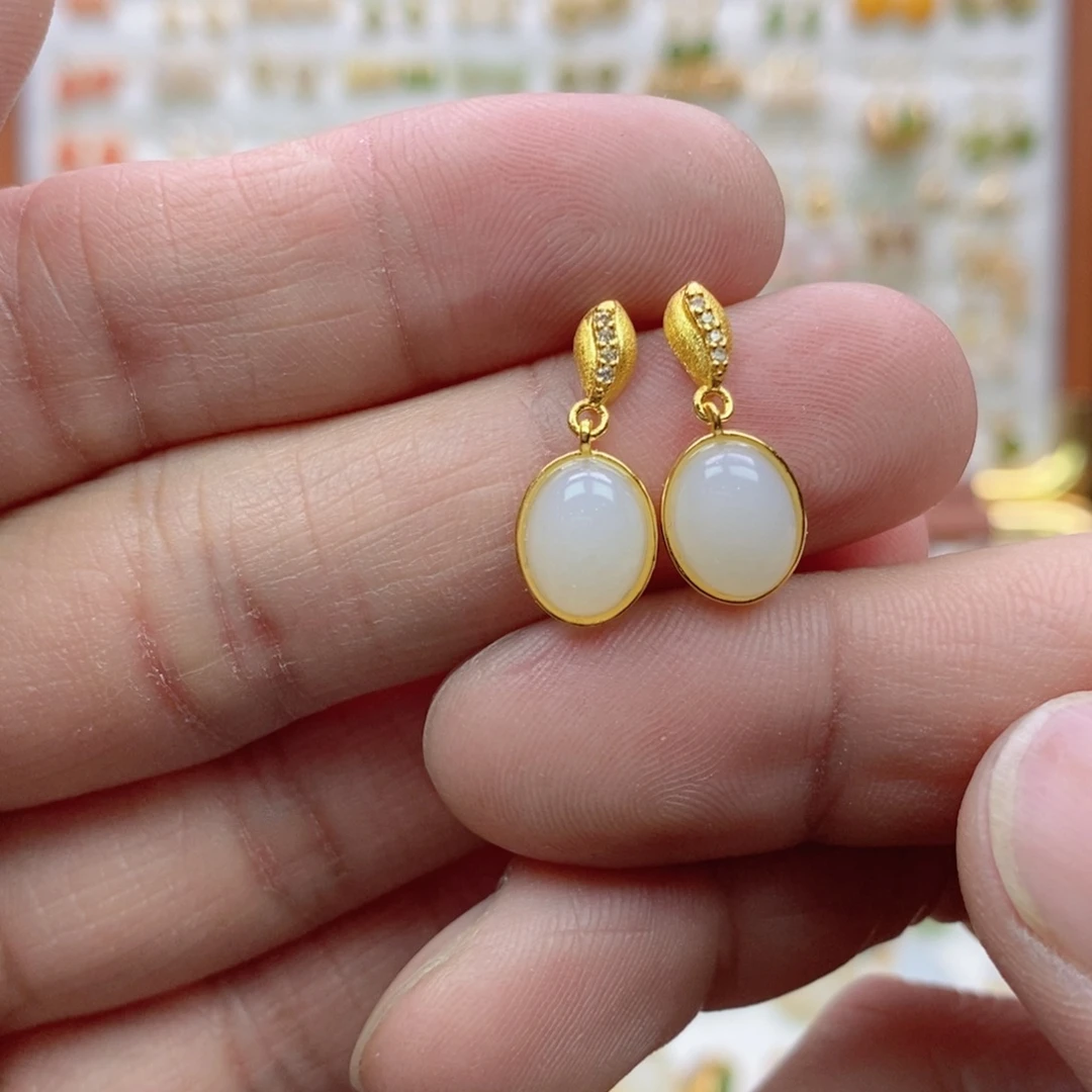 和田玉银S925镶嵌耳饰