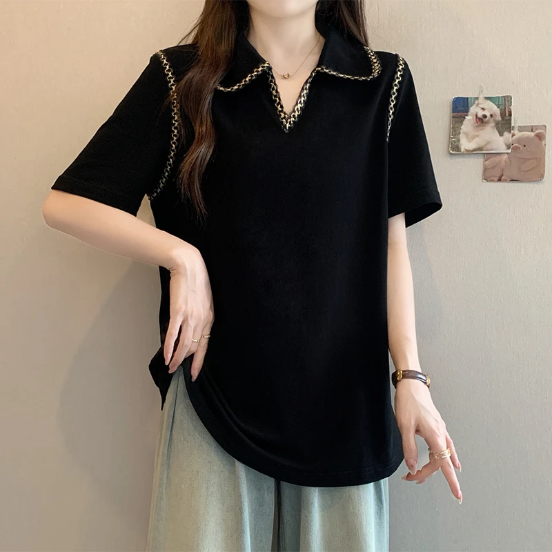 复古气质遮肚子polo领打底衫女夏季大码女装宽松显瘦正肩上衣