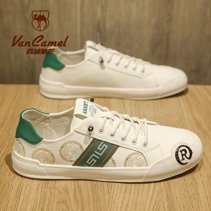 西域骆驼西域骆驼男士休闲鞋子小白鞋-欧洲站皮面轻奢印花潮鞋-