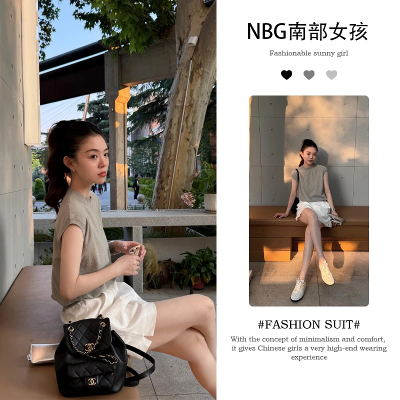 夏季新款小众女装美式复古灰色无袖背心设计感T恤休闲松紧腰短裤