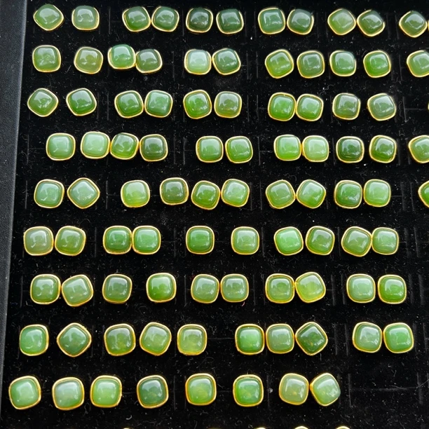 和田玉碧玉金色方块耳钉银镶多样性拍一发一【H】