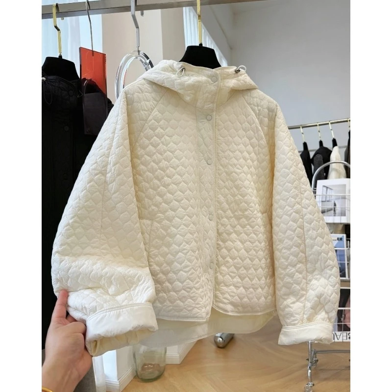 K02755韩系慵懒风绒绗缝夹棉外套女秋冬新款轻薄款连帽棉服棉上衣