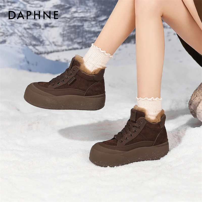 达芙妮2024时尚百搭厚底加绒保暖冬季户外舒适简约圆头系带休闲鞋