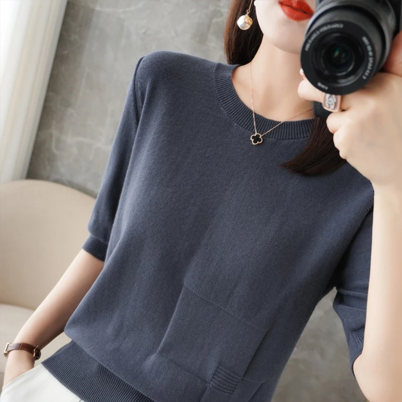 春夏针织纯棉女T恤衫低圆领纯色套头五分袖打底上衣短袖时尚新款