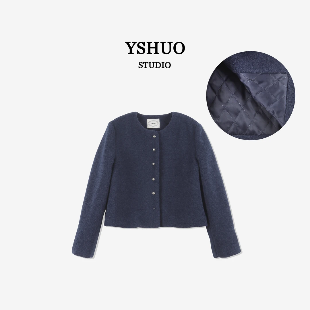 【奶霜贝果】韩版气质小香风加厚圆领一排扣短款毛毛外套 9201