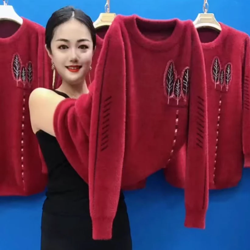 妈妈装仿水貂绒中长款毛衣女冬季遮肚显瘦加绒加厚打底衫保暖上衣