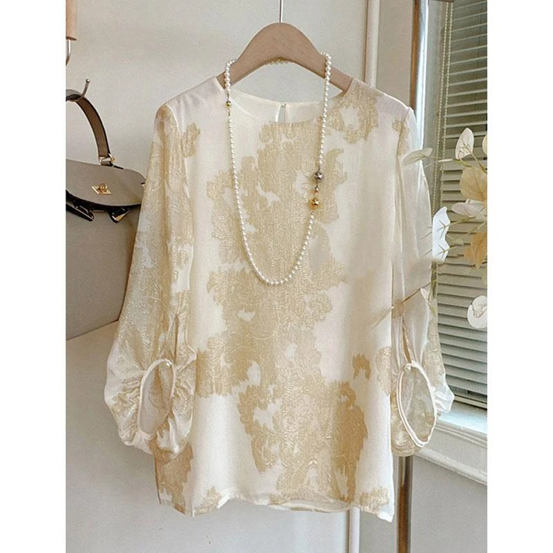 新中式提花雪纺衬衫女夏季新款国风高级感冰丝套头防晒衫上衣