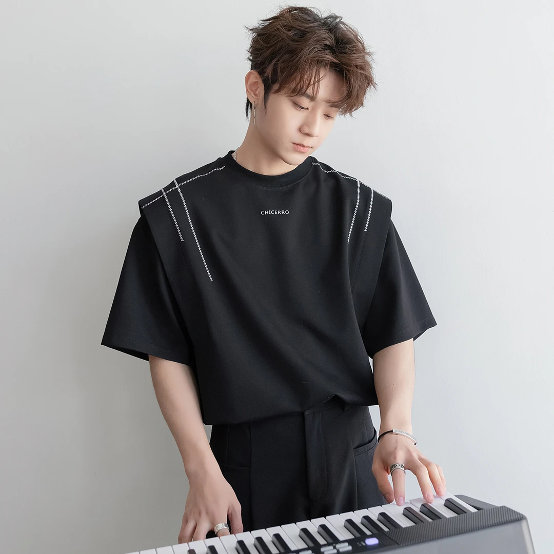 CHICERRO西西里男装潮牌设计感明线飞肩短袖t恤男重磅痞帅解构风