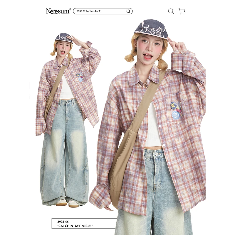 NERESUM夏季防晒薄款格子长袖衬衫女美式宽松休闲衬衣欧若风穿搭