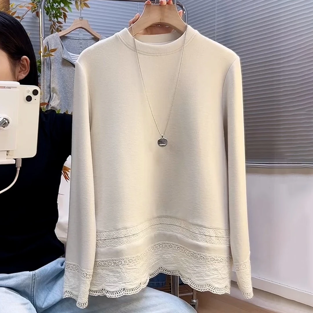 简约大码2025秋冬新款圆领长袖宽松显瘦下摆花边设计感打底上衣女