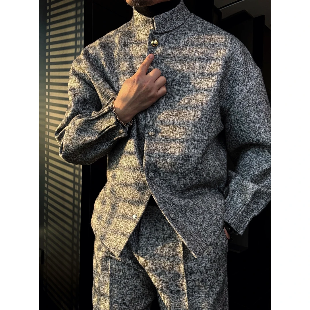 DRUNKCORNER 立领深花灰金扣夹克单上衣时尚男士春秋