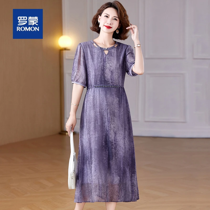 罗蒙紫色雪纺连衣裙中老年妈妈装夏季新款高端轻奢高级感中长裙女