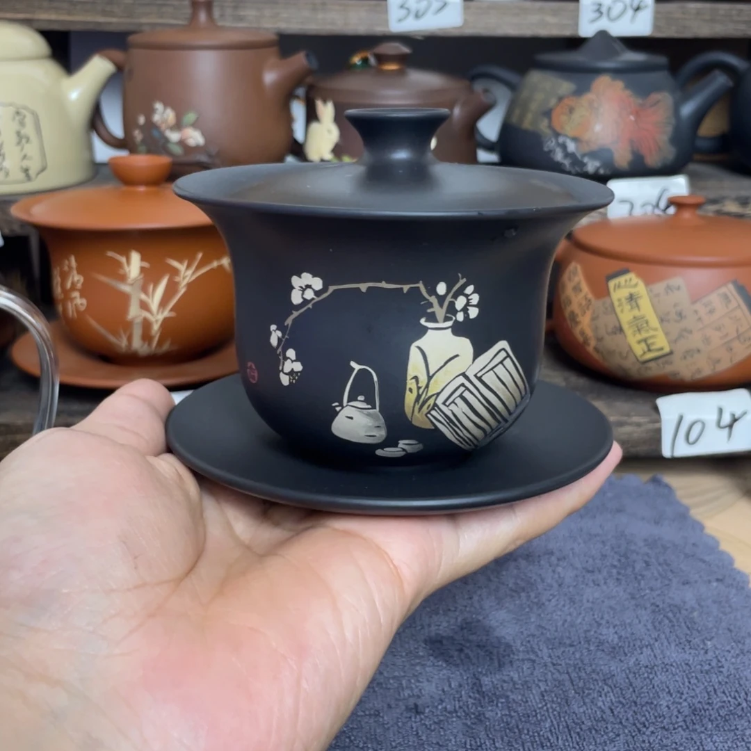 生***板壶黑色盖碗彩填无礼盒