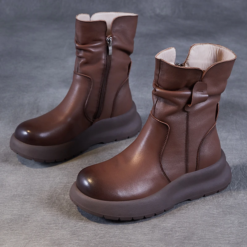 头层牛皮中筒靴厚底加绒女棉靴真皮高靴侧拉链骑士靴2025秋冬新款