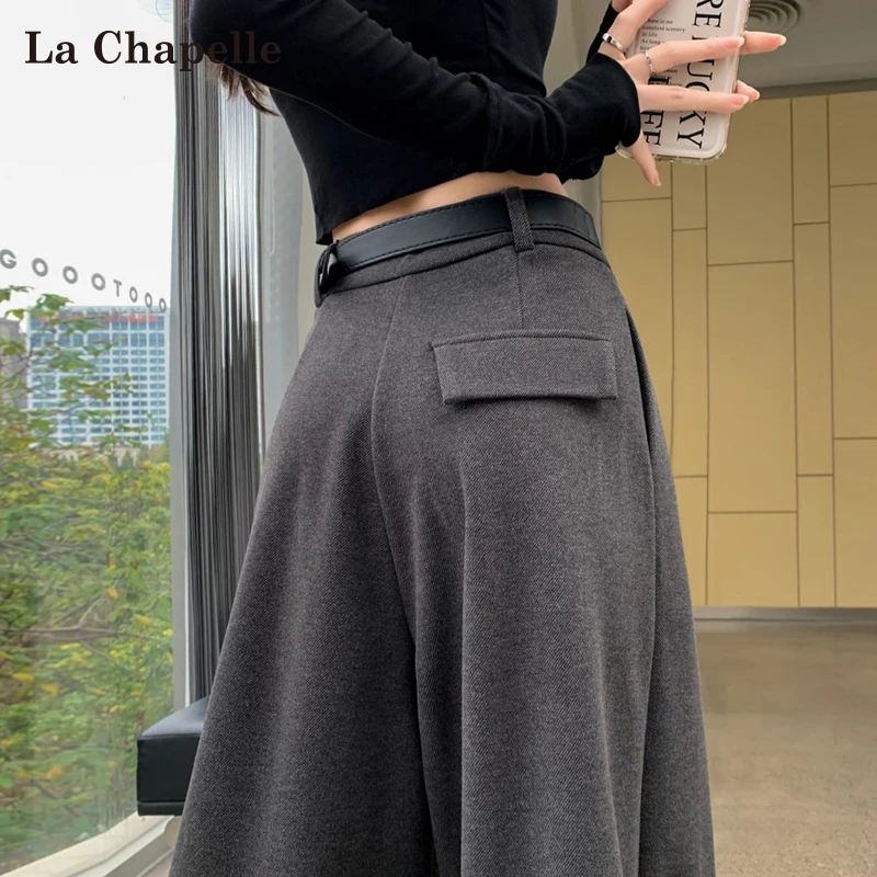 拉夏贝尔灰色毛呢阔腿裤女春秋新款小个子高腰垂感宽松西装直筒裤