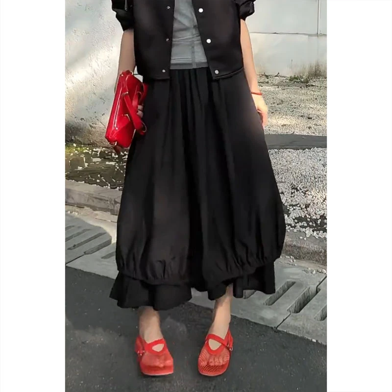 艾塔莉时尚设计感花苞裙女春夏新款黑色高腰百搭半身裙长裙小个子