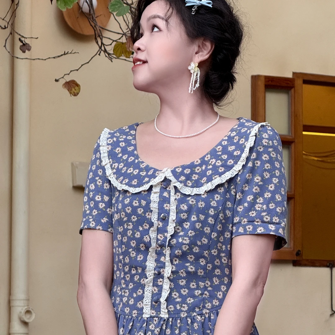 （蓝星花）法式复古碎花裙女夏季连衣裙娃娃领收腰显瘦长裙正肩袖