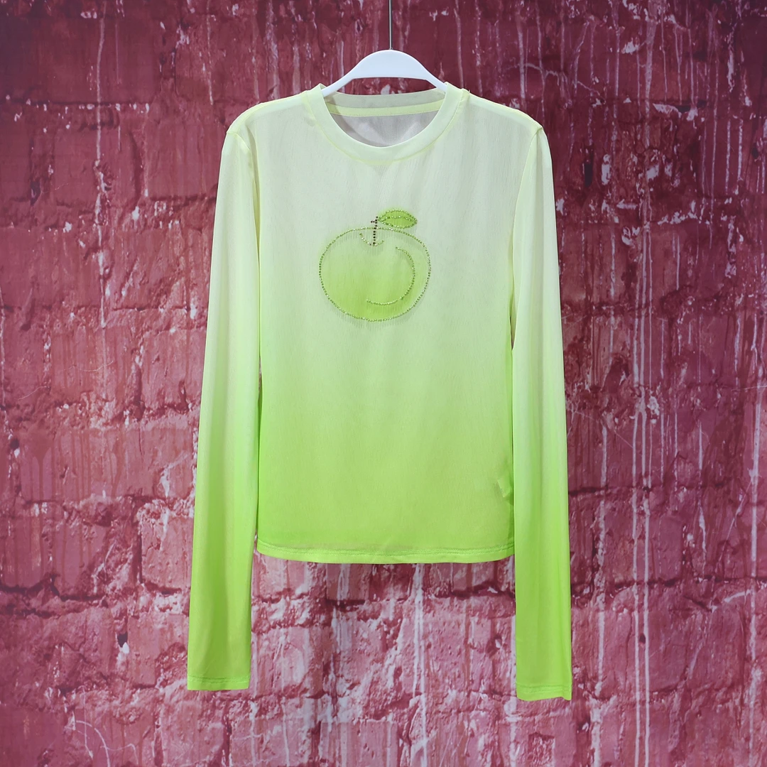 【子秋定制】冰凉一夏 高定面料欧货小众修身青柠黄透气网纱衫7399