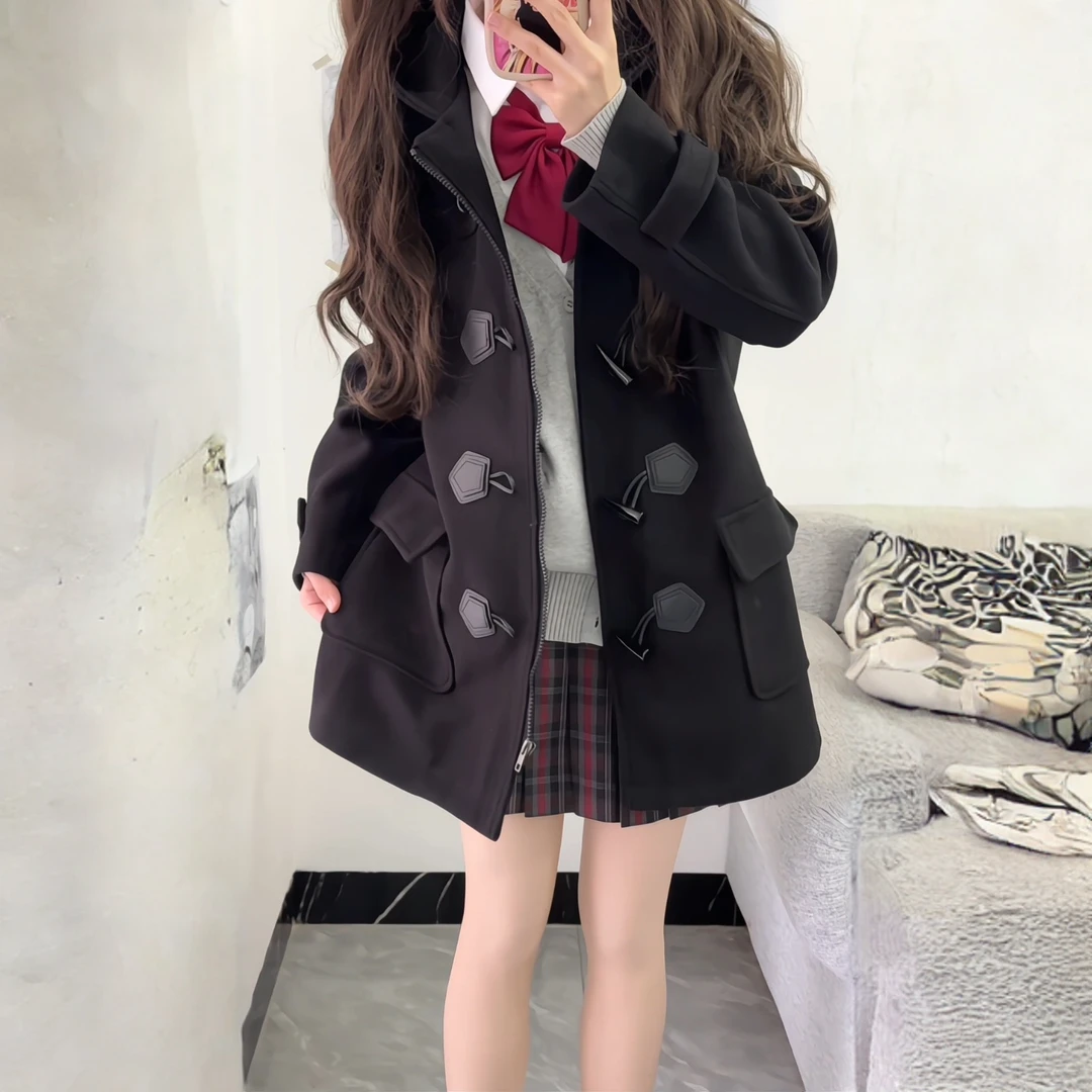 JK制服外套牛角扣毛呢大衣夹棉防风拉链保暖冬季学院风女连帽大衣