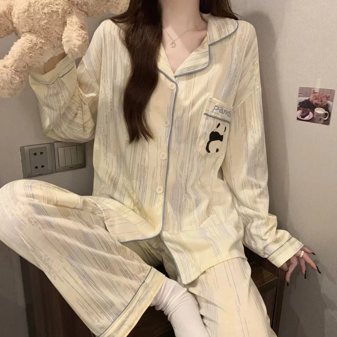 秋季新款睡衣女云朵棉翻领开衫长袖长裤甜美可爱少女家居服套装