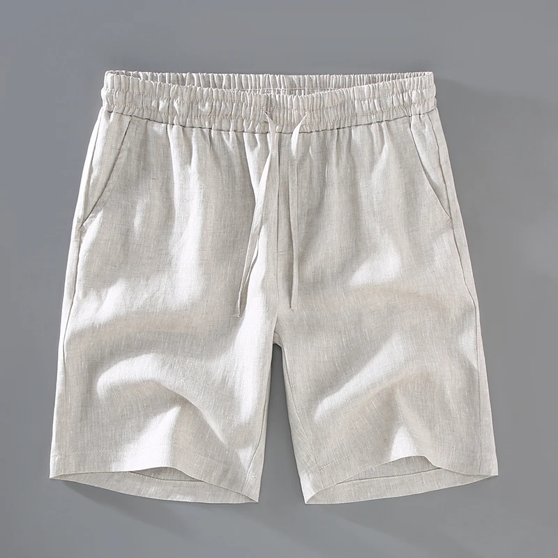 夏季纯亚麻短裤男士薄款凉爽透气宽松沙滩简约纯色休闲五分裤3045