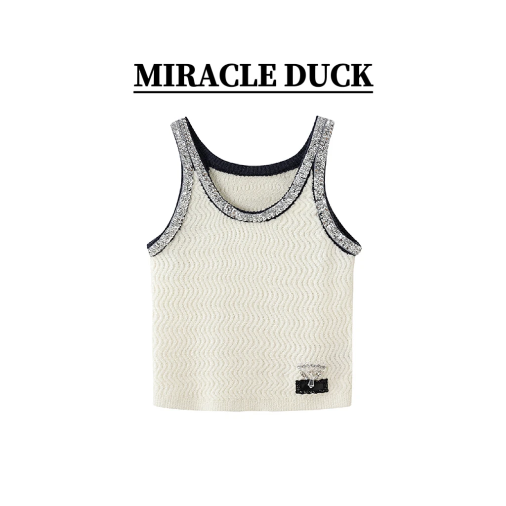 【】夏季时尚镂空重工钉珠背心毛织衫蕾丝拼接针织C1561-1