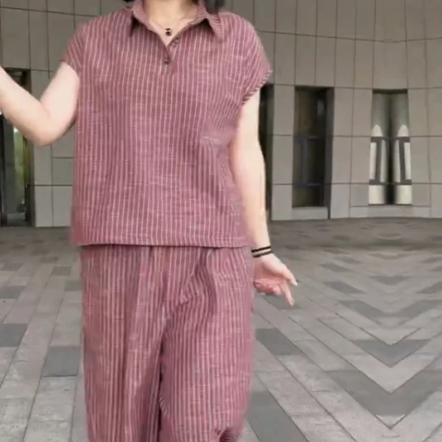 气质女士条纹阔腿套装显瘦洋气时尚7638