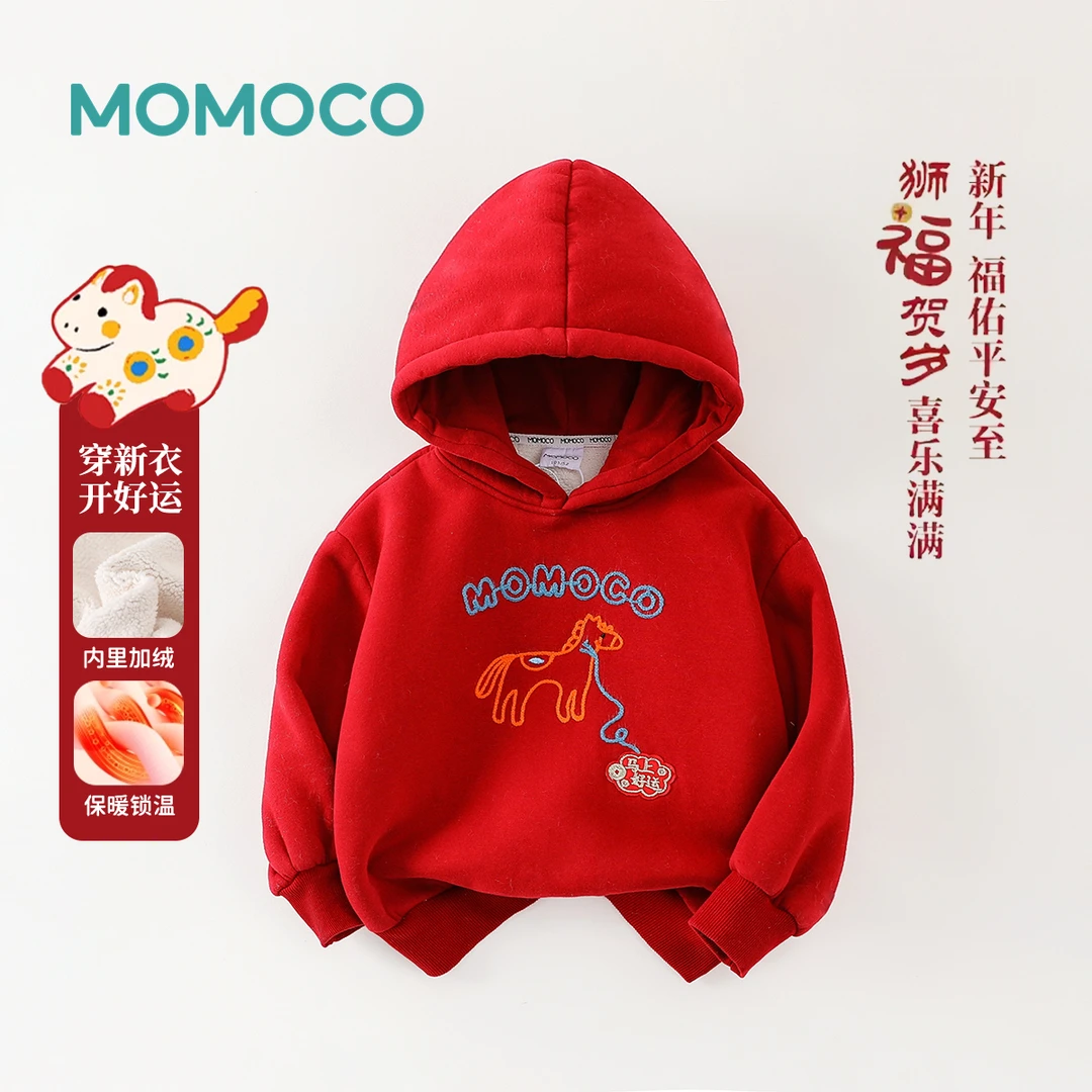 MOMOCO冬季男童潮流连帽加绒年款喜庆套头卫衣77430232096
