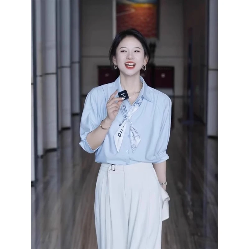法式五分袖衬衫女夏新款别致优雅丝巾薄衬衣通勤职业面试雪纺上衣