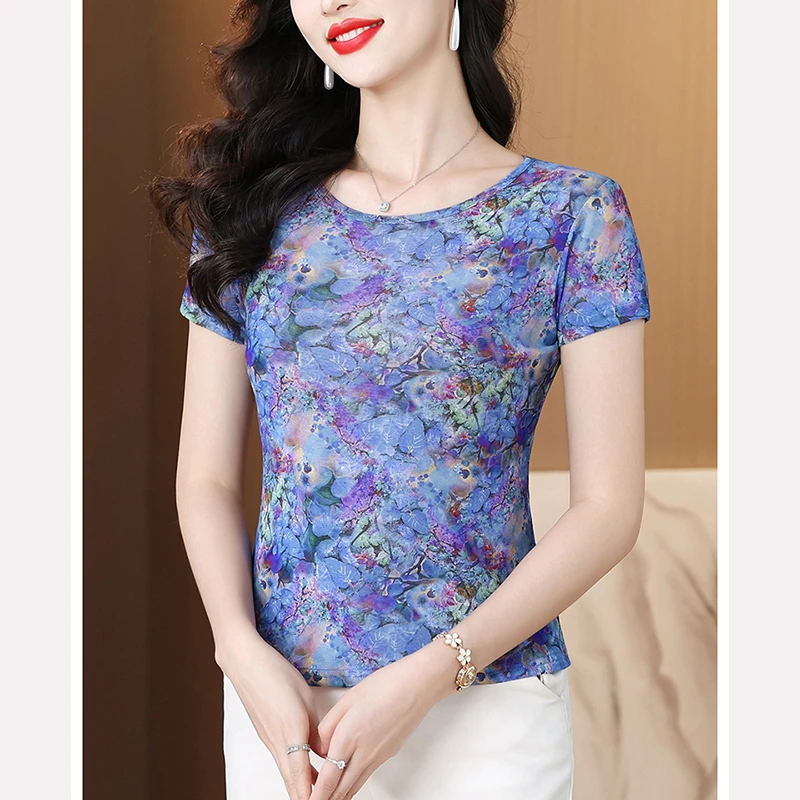 圆领时尚印花短袖打底衫T恤女夏季薄款时尚修身减龄上衣女6360