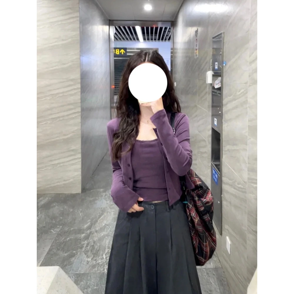 纯欲紫色吊带开衫两件套装女秋季2025新款内搭甜辣妹短款长袖上衣