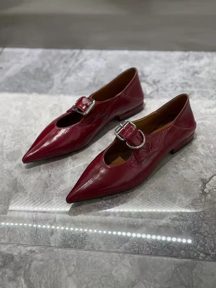 真皮尖头浅口皮带扣平底软皮单鞋ZZ787-63款