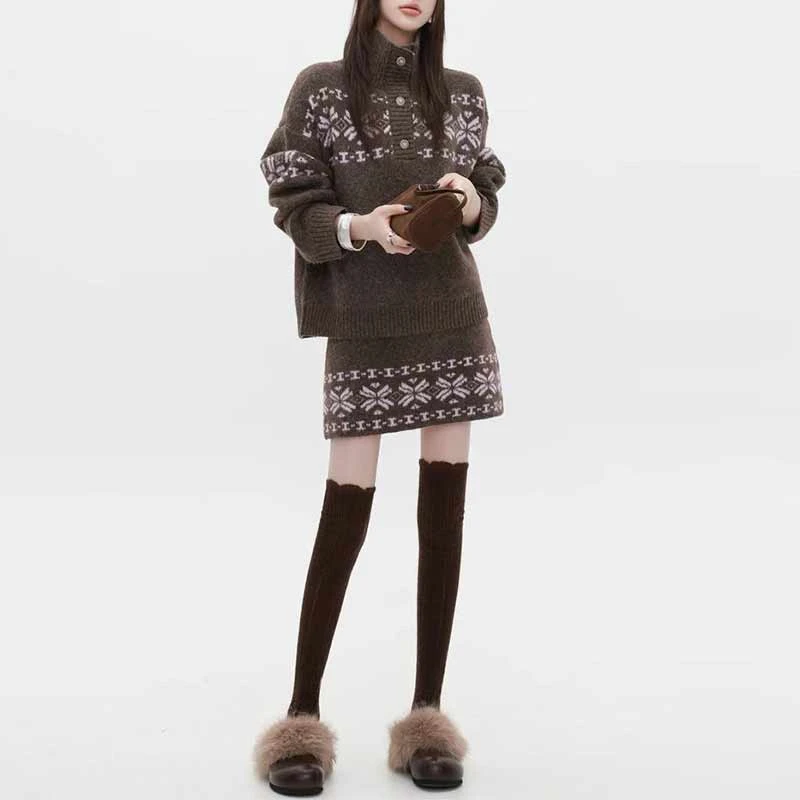 【费尔岛梦境】复古慵懒风高领毛衣费尔岛针织高腰短裙2210