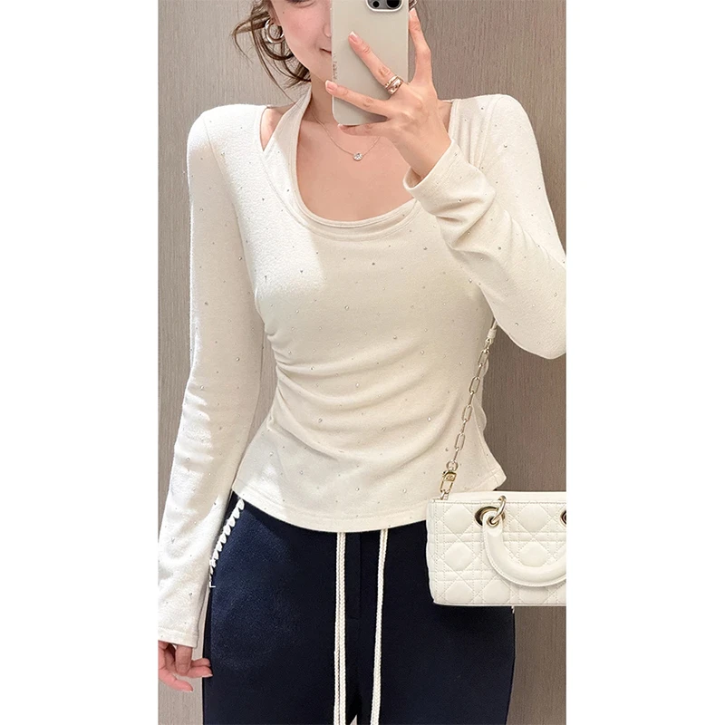 韩版假两件设计感挂脖内搭长袖T恤女装秋冬打底衫修身显瘦上衣服